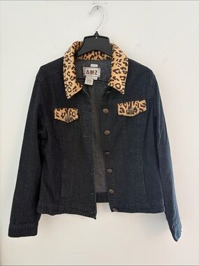 AMX Vintage/ Y2K Dark Denim Jacket with Leopard Trim Size M